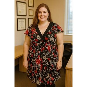 Whimsy Office Church Teacher Black Floral Flutter Sleeve Ruched Midi 20W Dress